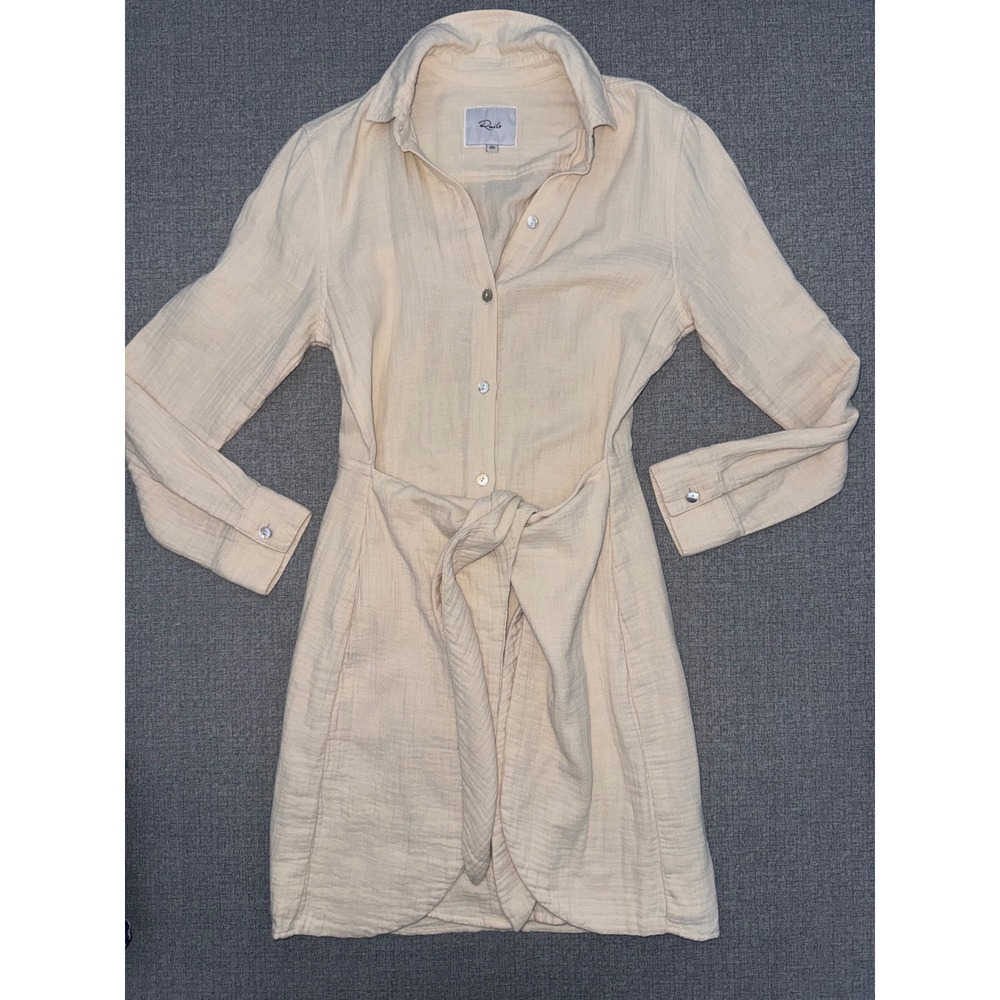 Rails XXS Shirt Dress Cream Gauze Tie Front Long Sleeve Mini EUC